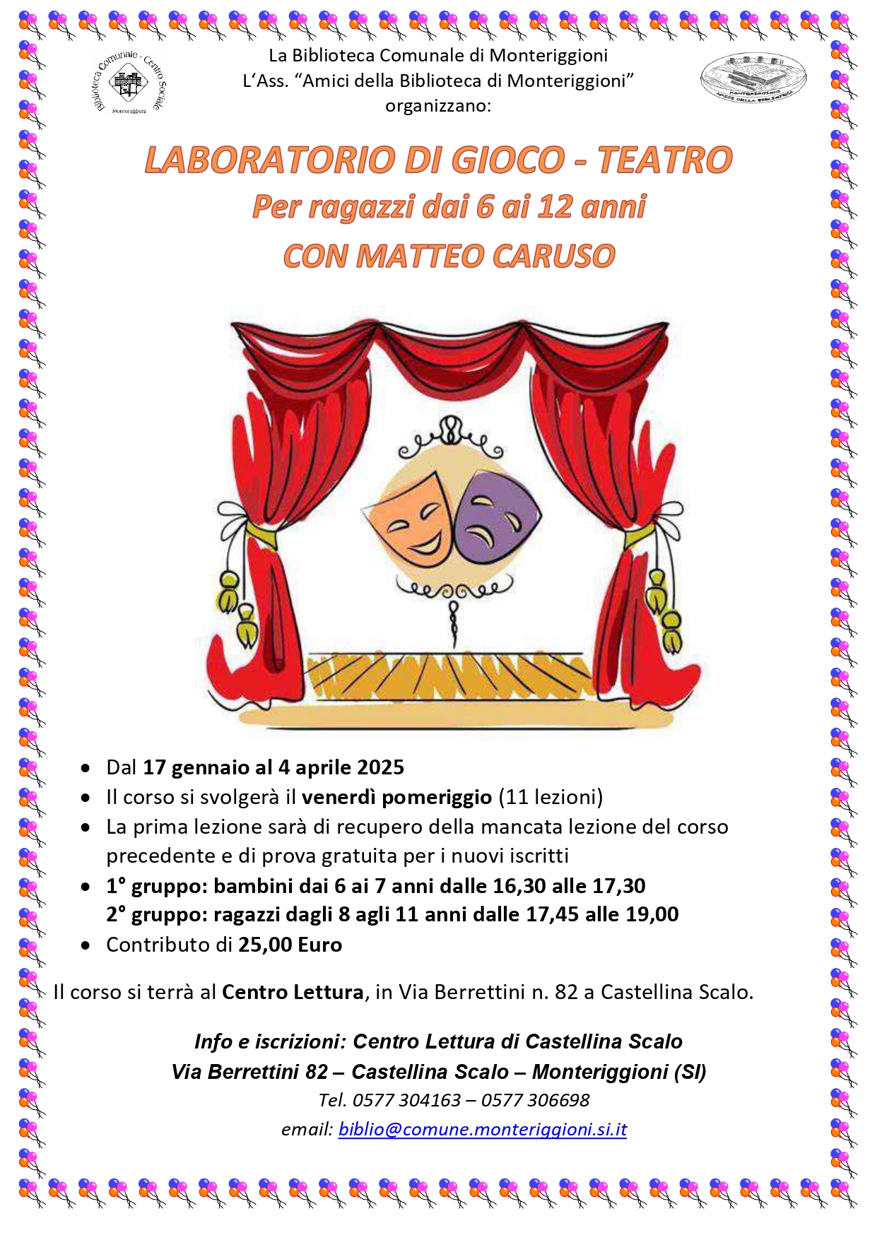 Locandina "Laboratorio di gioco-teatro per ragazzi per ragazzi da 6 a 12 anni con Matteo Caruso"