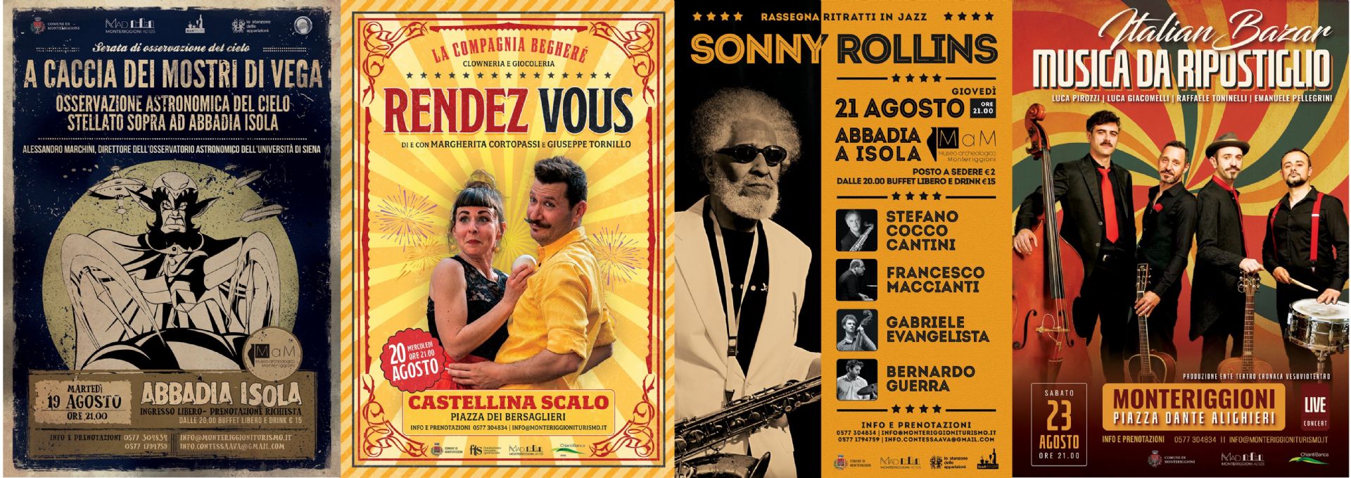 Locandine eventi 19, 20, 21, 23 agosto 2025 Monteriggioni