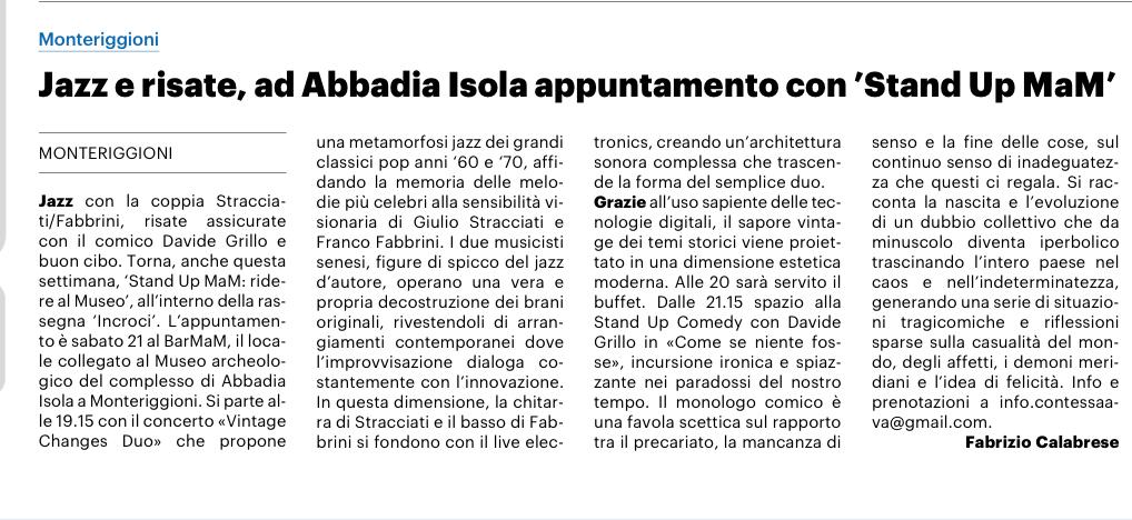 Articolo su La Nazione evento 21 febbraio 2026 ad Abbadia Isola 