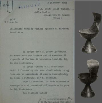 Il kyathos di Monteriggioni prima dell'alluvione del 1966 e lettera del Soprintendente alle Antichità d'Etruria Guglielmo Maetzke