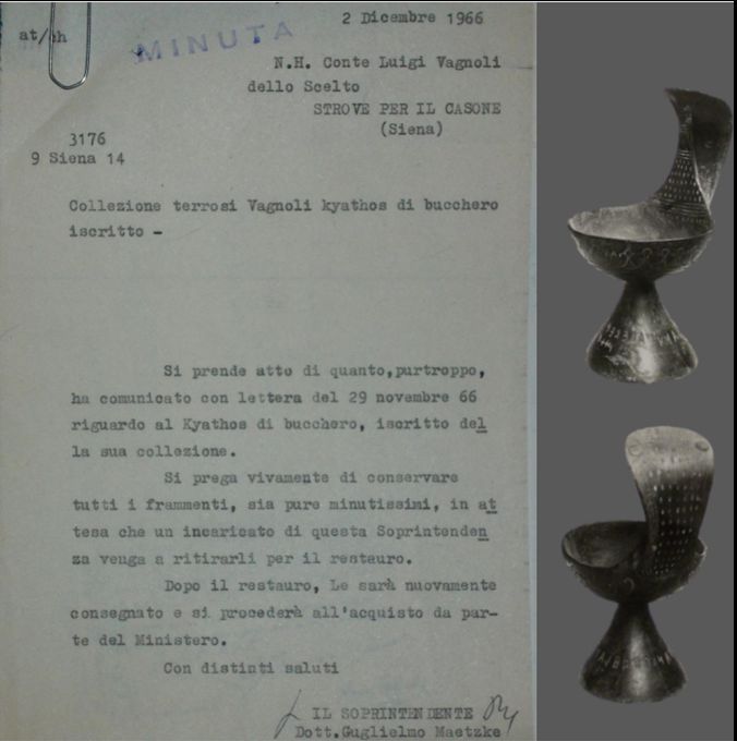 Il kyathos di Monteriggioni prima dell'alluvione del 1966 e lettera del Soprintendente alle Antichità d'Etruria Guglielmo Maetzke